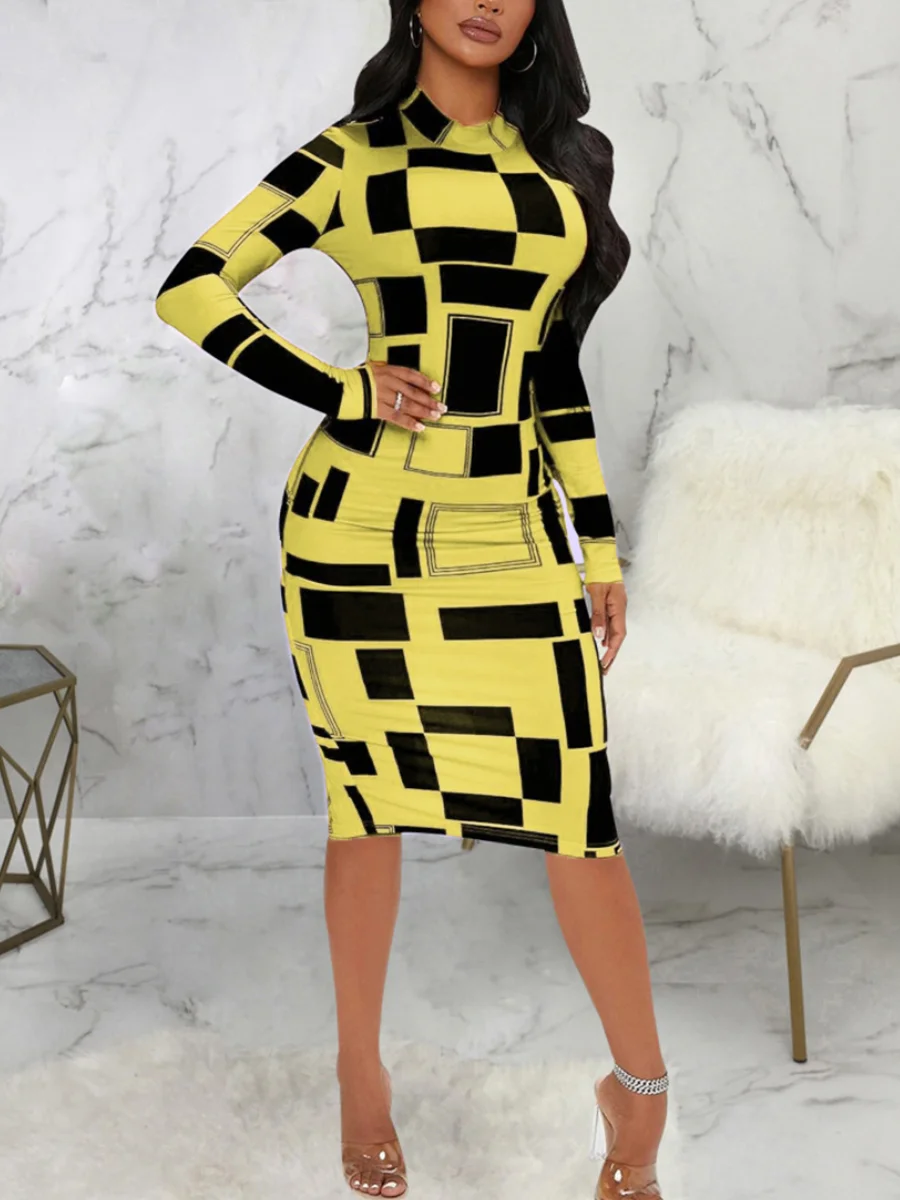 SXY Geometric Print Patchwork Bodycon Dress Mock Neck Body-shaping Long Sleeve Stretchy Women Skinny Streetwear Clothing