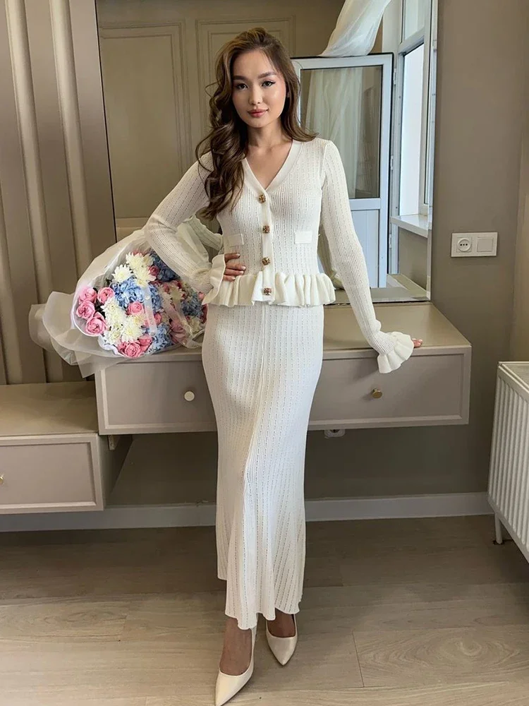 Ootddress Ruffled Fashion Knit Maxi Dress Women's 2 Piece-Set V-Neck Hollow Out Patchwork Elegant Party Dress Female Knitwear Dress 14 Ootddress Ruffled Fashion Knit Maxi Dress Women's 2 Piece-Set V-Neck Hollow Out Patchwork Elegant Party Dress Female Knitwear Dress