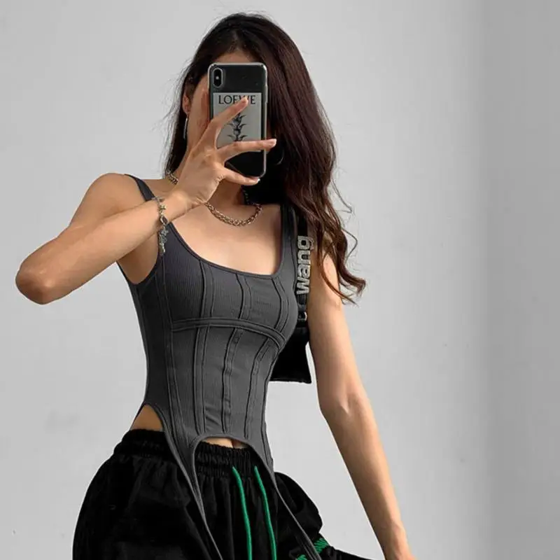 Ootddress Y2k Croset Top Women Summer Fashion Vintage Irregular Rib Knitted Sleeveless Slim Cropped Tops Feminino Sexy Tank Top