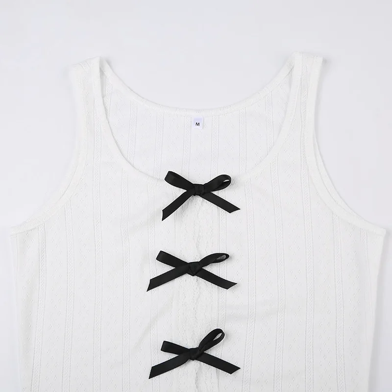 Ootddress Lace Bow Splice Tank Top Women Sexy Hollow Out Slim Sleeveless Shirts Hot Girls Bodycon Fashion Crop Tops Woman Clothing