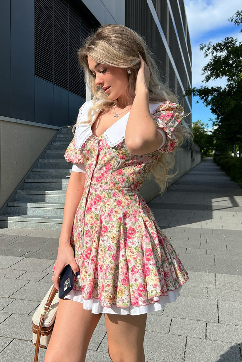 Floral Peter Pan Collar Puff Sleeve Button Front Layered Hem Fit and Flare Mini Dress