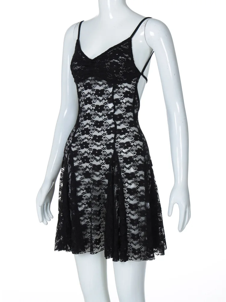 Fantoye Sexy See Through Lace Women Dress Black Spaghetti Strap Print Floral Dress Female 2025 Summer New Elegant Party Clubwear