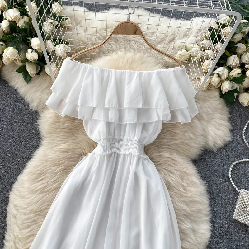 Women Chiffon Beach Dress Sexy Double Layer Ruffled Off The Shoulder Boho Dresses Ladies Sweet Slash Neck Long Dress 33 Women Chiffon Beach Dress Sexy Double Layer Ruffled Off The Shoulder Boho Dresses Ladies Sweet Slash Neck Long Dress