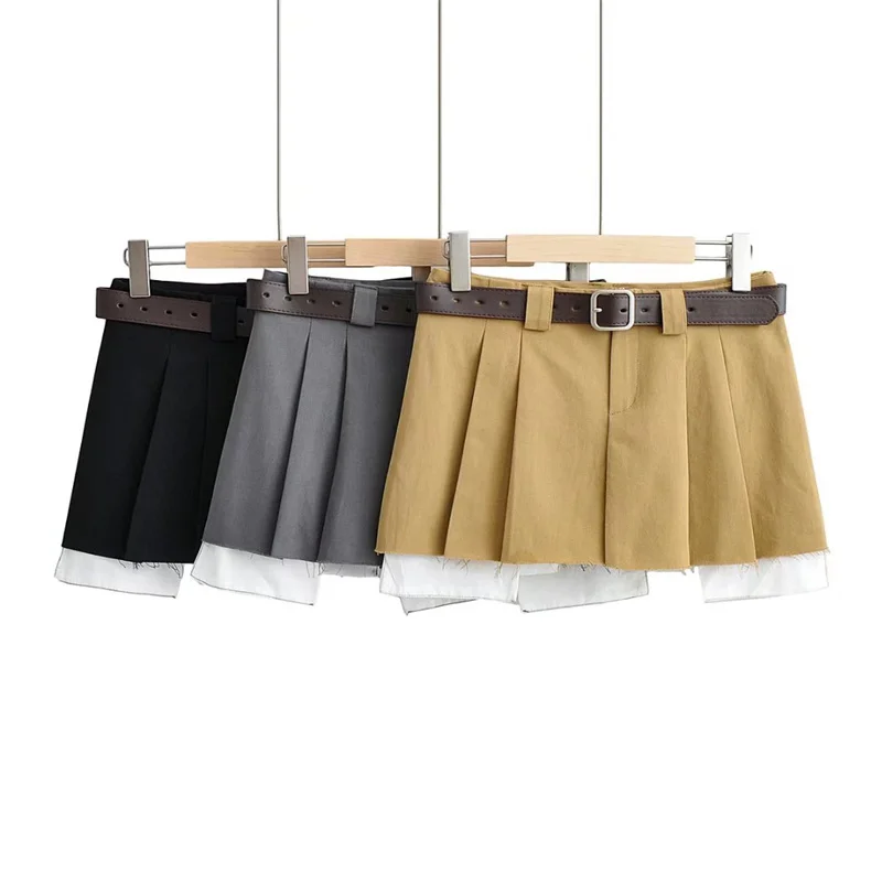 Ootddress Y2K Skirts Women Cotton Low Waist Pleated Mini Skirts 2025 Summer Harajuku Streetwear Pocket With Belts Micro Skirt