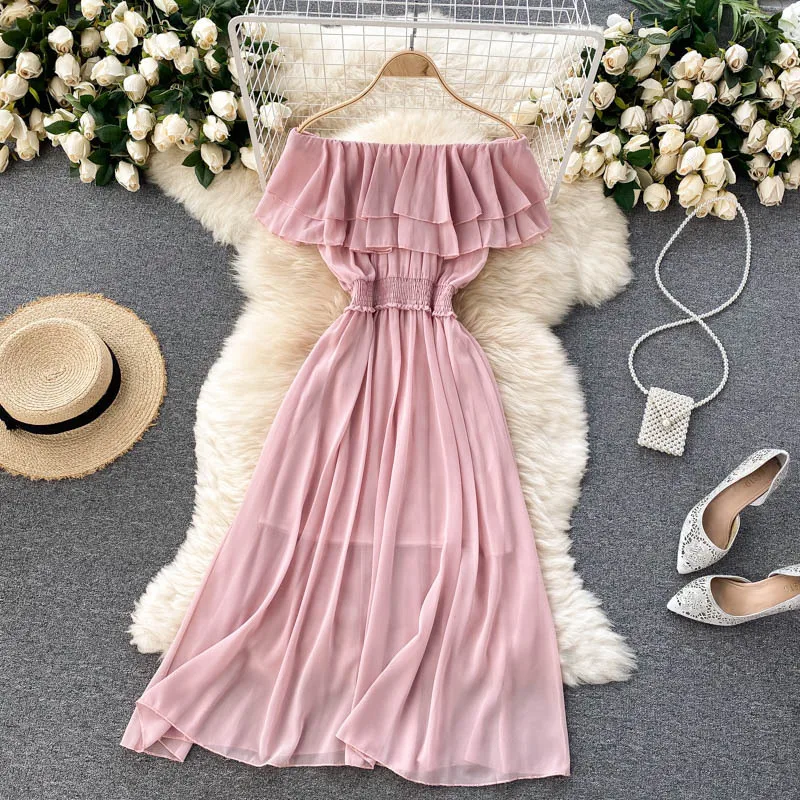 Women Chiffon Beach Dress Sexy Double Layer Ruffled Off The Shoulder Boho Dresses Ladies Sweet Slash Neck Long Dress 22 Women Chiffon Beach Dress Sexy Double Layer Ruffled Off The Shoulder Boho Dresses Ladies Sweet Slash Neck Long Dress