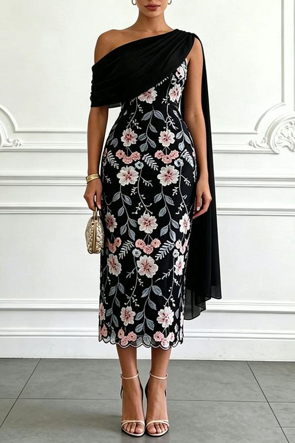 Ellie Ruched Drape Tulle One Shoulder Floral Embroidery Party Midi Dress