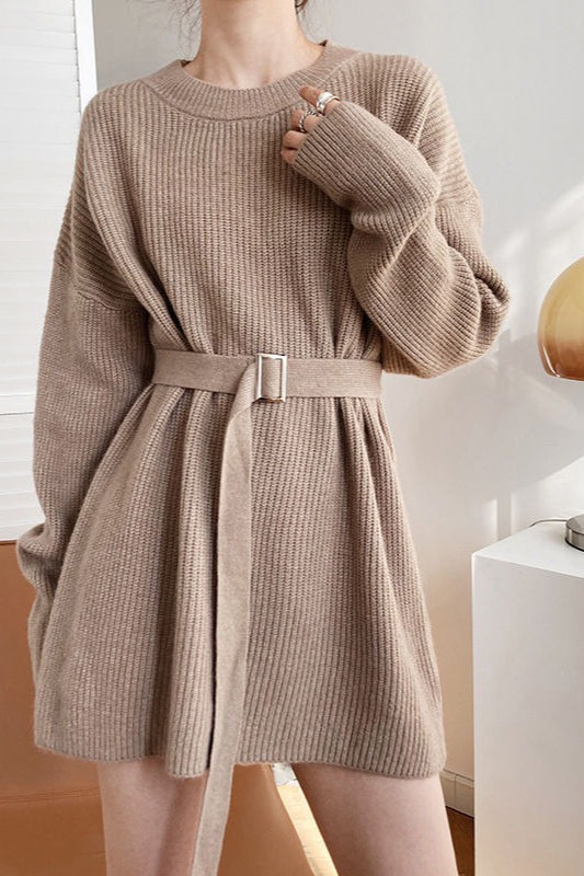 Rib Knit Belted Square Buckle Balloon Sleeve Sweater Mini Dress