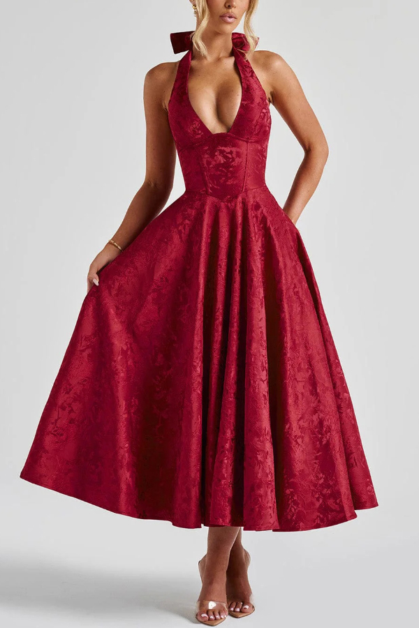 Stylish Jacquard Halter Neck Fitted Waist Open Back Elegant Midi Dress