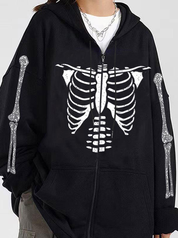Skeleton Print Rhinestone Zip Up Oversized Hoodie