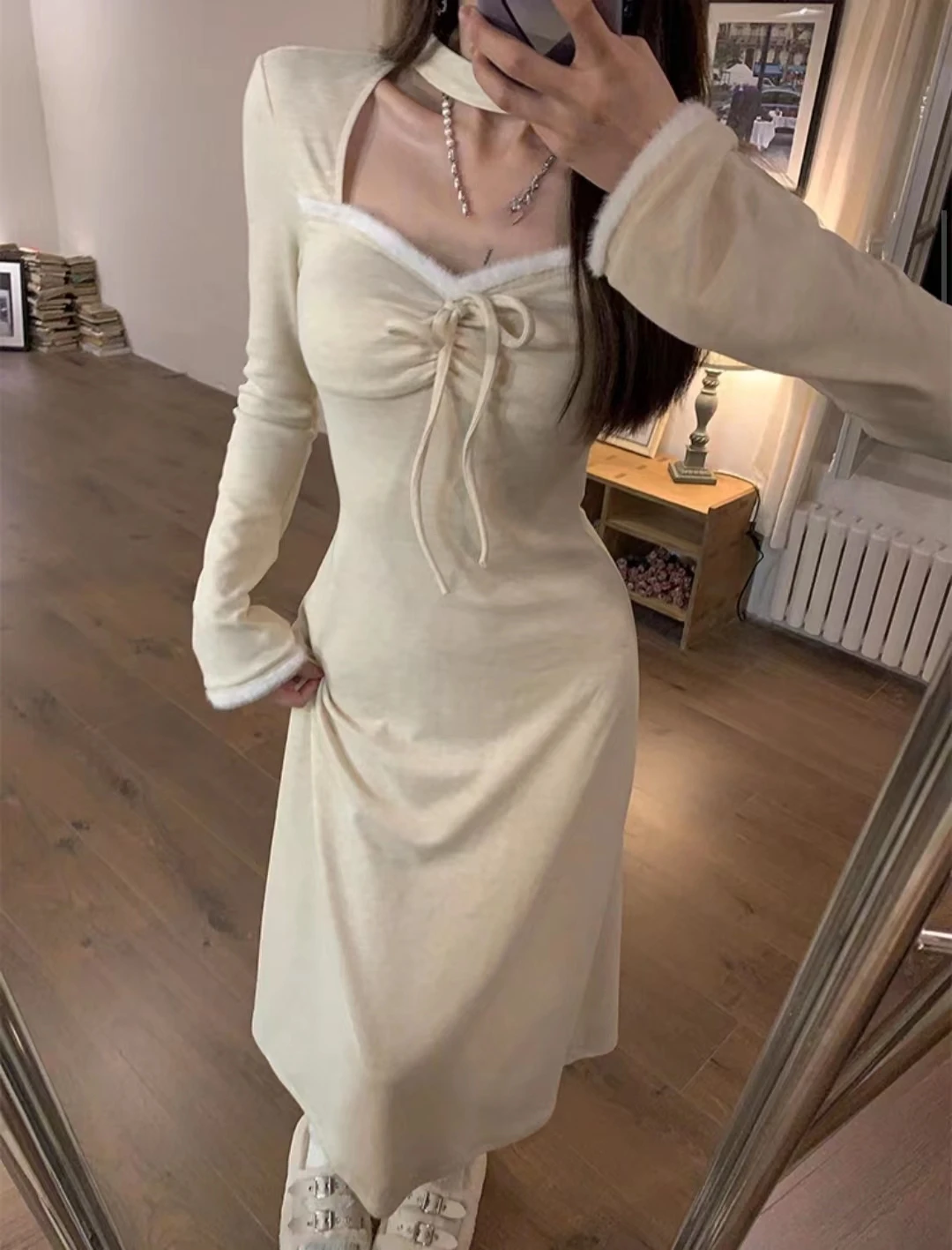Autumn Winter Solid Knitted Dress Women Faux Fur Patchwork Halter Square Collar Long Sleeves Lace Up Slim French Vintage Vestido 12 Autumn Winter Solid Knitted Dress Women Faux Fur Patchwork Halter Square Collar Long Sleeves Lace Up Slim French Vintage Vestido