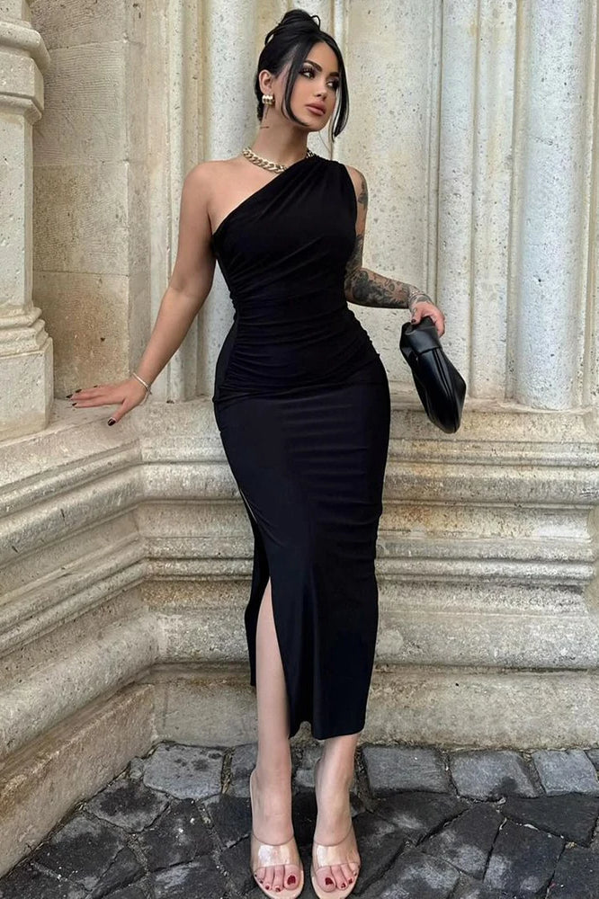 One-Shoulder Ruched High Slit Bodycon Maxi Dress