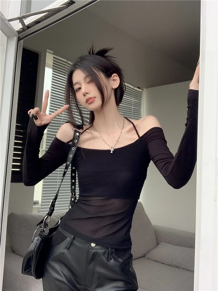 Long Sleeve Top Womens Halter 2025 Casual Tee Shirt Gauze Trendy Off Shoulder T Shirts Femme Y2k Crop Top Streetwear Party Club 15 Long Sleeve Top Womens Halter 2025 Casual Tee Shirt Gauze Trendy Off Shoulder T Shirts Femme Y2k Crop Top Streetwear Party Club