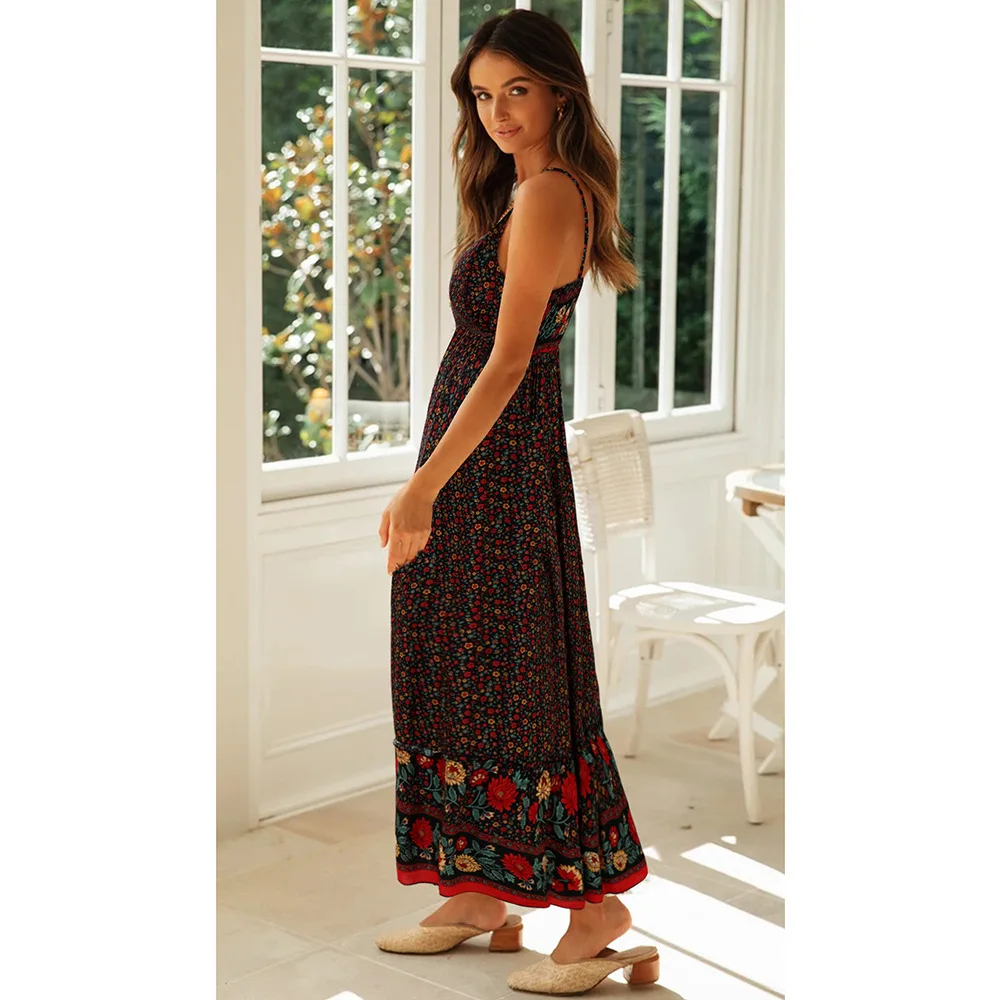 Bohemian Floral Spaghetti Strap Dresses Women Sexy V-neck Backless Casual Beach Vacation Long Dress Female Vestidos Summer New 27 undefined