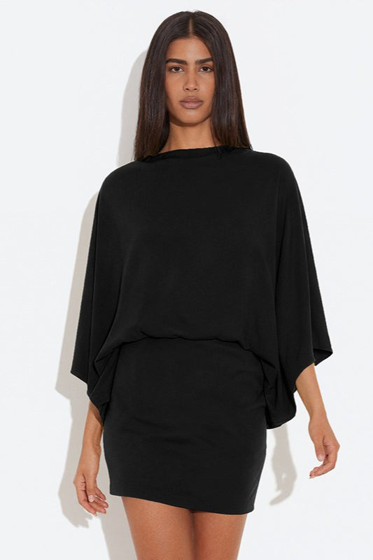 Deep Back Cowl Neck Draped Wing Sleeve Loose Mini Dress