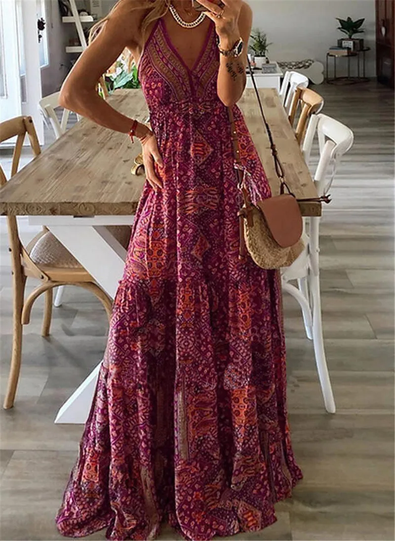 2025 Spaghetti Strap Dresses For Women Vintage Printed Bohemian Style Beach Dress Fashion Sexy V-neck Lady Maxi A-line Vestidos
