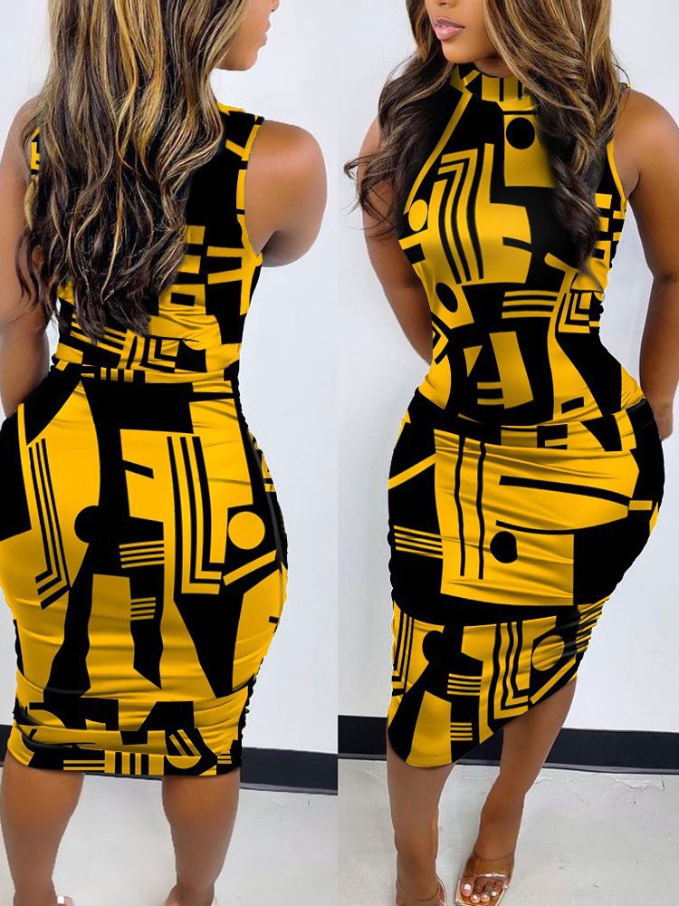 Baroque Chain Medallion Print Mock Neck Sleeveless Ruched Bodycon Midi Dress