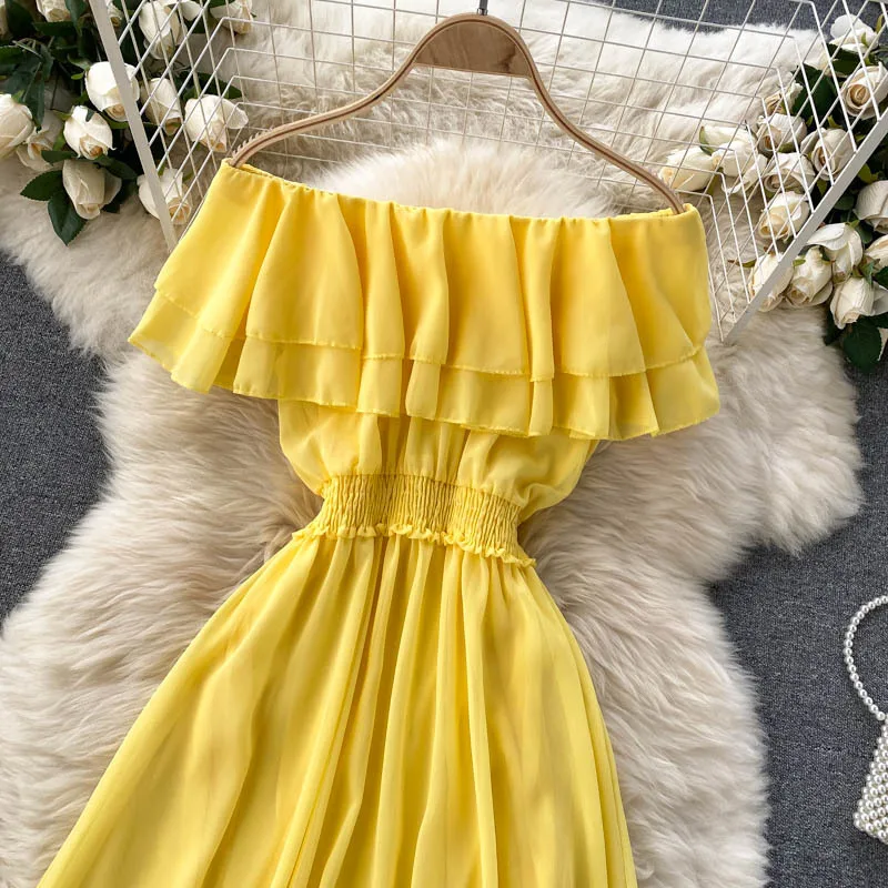 Women Chiffon Beach Dress Sexy Double Layer Ruffled Off The Shoulder Boho Dresses Ladies Sweet Slash Neck Long Dress 37 Women Chiffon Beach Dress Sexy Double Layer Ruffled Off The Shoulder Boho Dresses Ladies Sweet Slash Neck Long Dress
