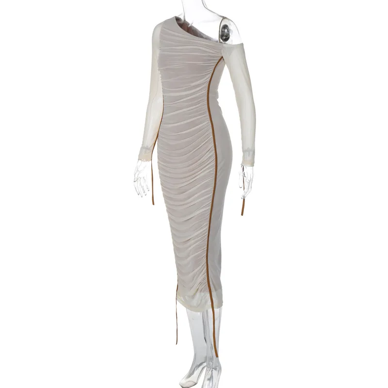 Ootddress White Mesh Off-Shoulder Maxi Dress Female Long Sleeve Patchwork Fashion Contrast Summer Backless Ladies Party Long Dress