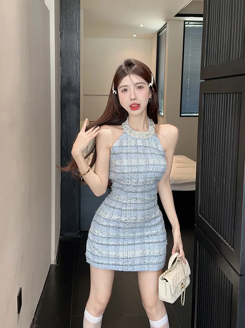 Sexy Halter Mini Dress Women Sleeveless Rhinestone Patchwork Shiny Slim Fashion Backless Evening Party Dresses Club Prom Vestido