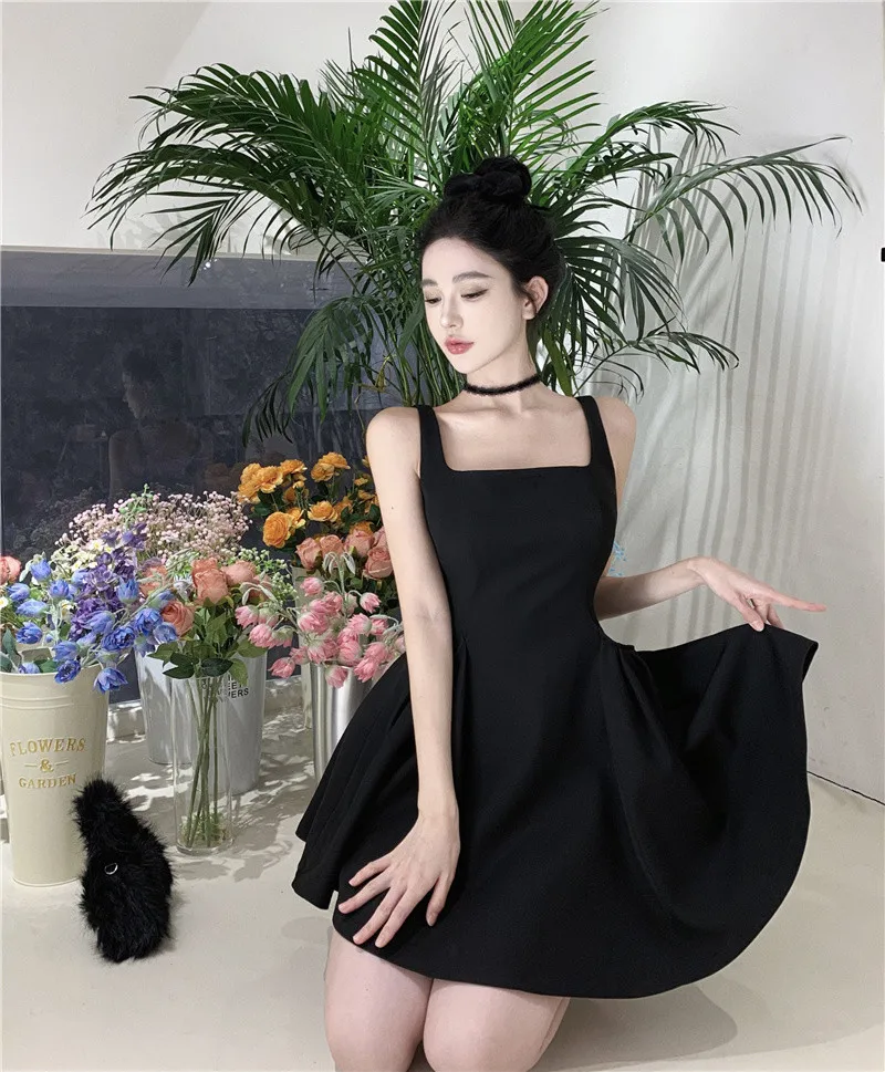Y2K Black Short Dress Women Spaghetti Strap New Summer Sexy Evening Party Dresses with Pockets French Vintage Backless Clothing