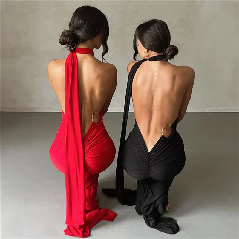 Ootddress Sexy Backless Hanging Neck Bodycon Evening Dress For Women Strapless Max Female Dress Charming Club Party Prom Dress
