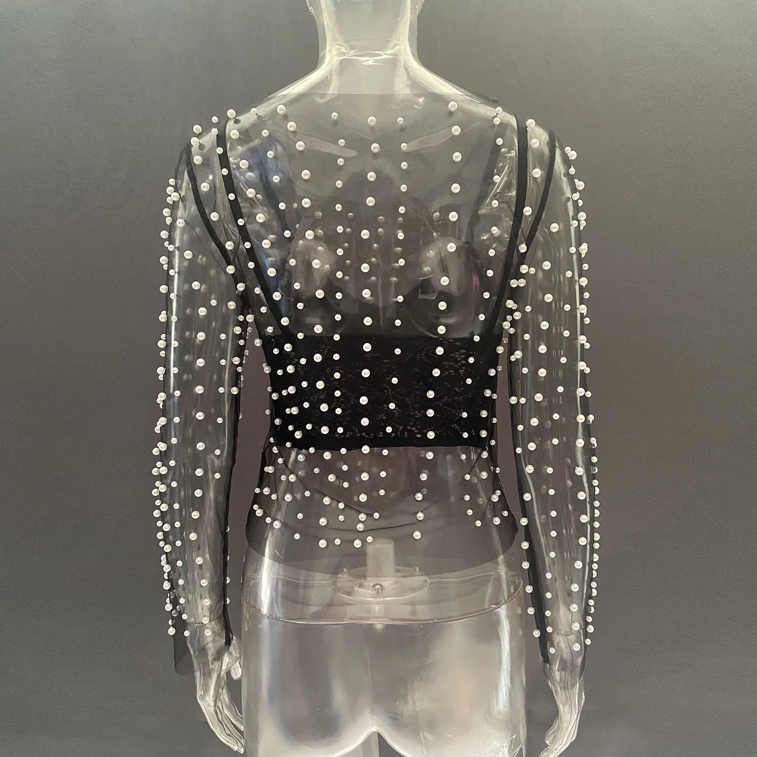 Ootddress Pearl Mesh See Through T-shirt Women Fashion Long Sleeve Pullover Blouse Ladies Summer U Neck Sexy Tee Shirt Tops