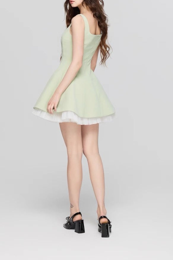 Square Neck Mesh Panel Mini Dress