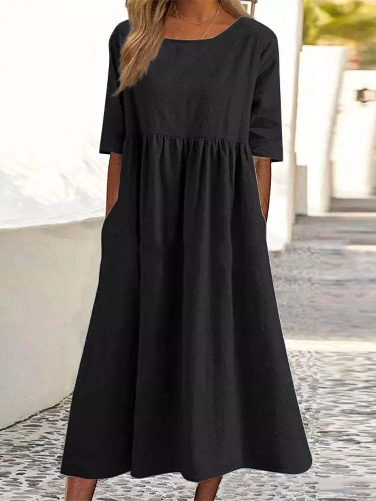 Linen Look Crew Neck Three Quarter Sleeve Pocket Empire Waist Midi Dress