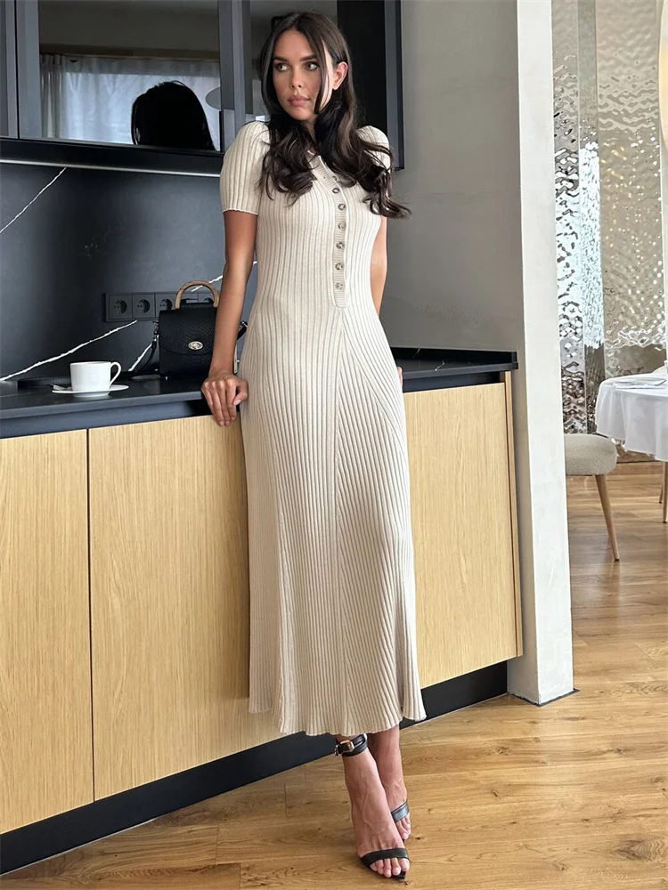 Ootddress Knitted Rib Slim Maxi Dresses For Women High Waist Casual Loose Dress Women's Autumn Elegant Temperament Long Dress Femme