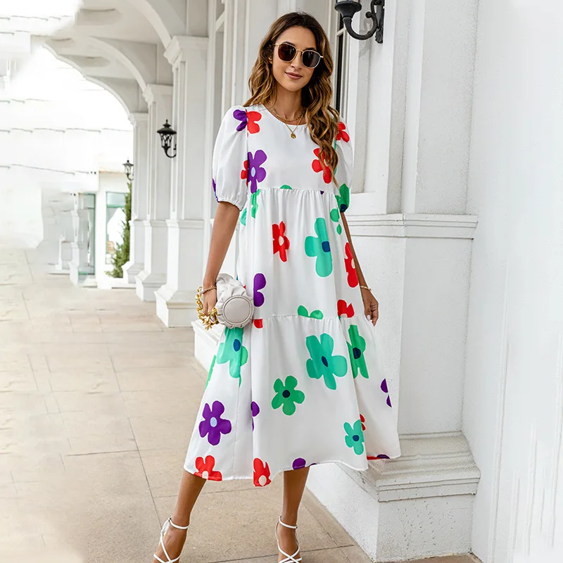 2025 Summer New Women's Print Dress Puff Short Sleeves Ruffles Loose A-line Midi Dresses Fashion Casual Beach Vacation Vestidos 19 undefined