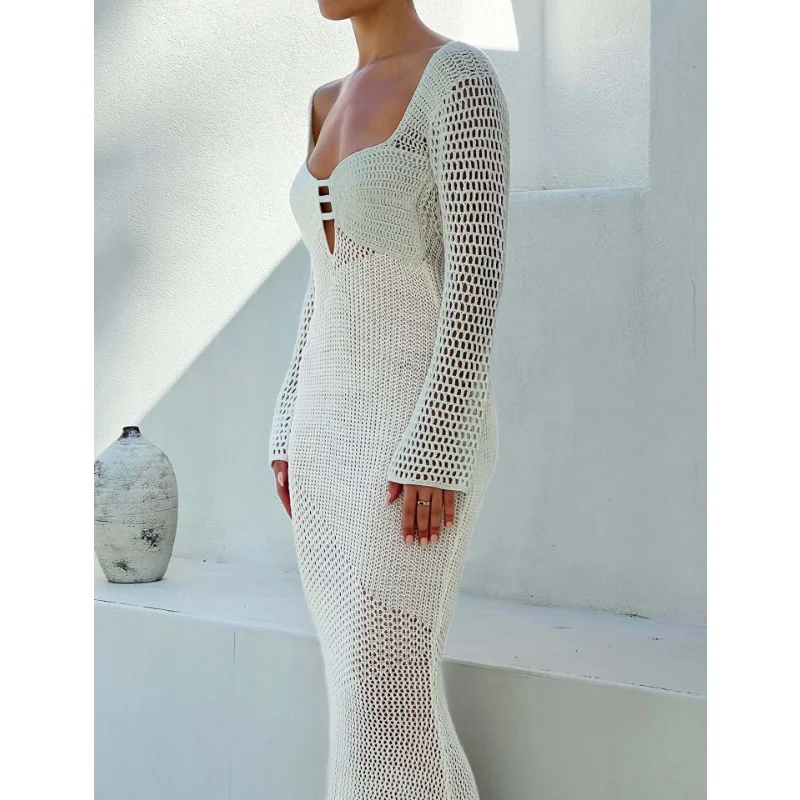 Ootddress Hollow Out Knit See-Through Maxi Dress Female Patchwork Backless Lace-Up Slim Fashion Beach Holiday Knitwear Women Dress 10 Ootddress Hollow Out Knit See-Through Maxi Dress Female Patchwork Backless Lace-Up Slim Fashion Beach Holiday Knitwear Women Dress
