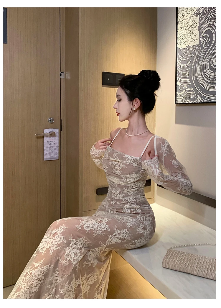 Sexy Bodycon Lace Long Dresses for Women Wedding Party Dress Spaghetti Strap with Smock French Vintage Evening Maxi Vestidos New 14 Sexy Bodycon Lace Long Dresses for Women Wedding Party Dress Spaghetti Strap with Smock French Vintage Evening Maxi Vestidos New