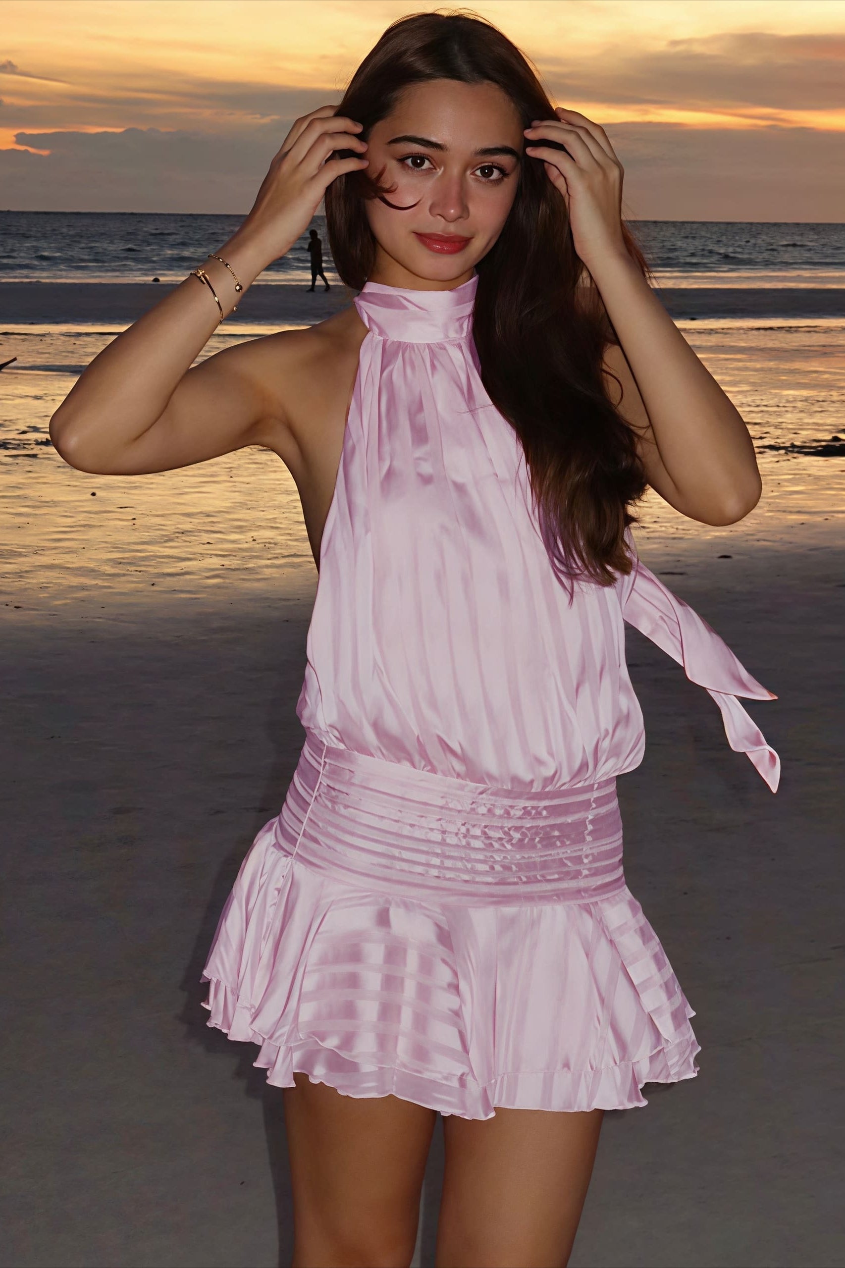 Jacquard Stripe Halter Neck Smocked Waist Tiered Ruffle Mini Dress