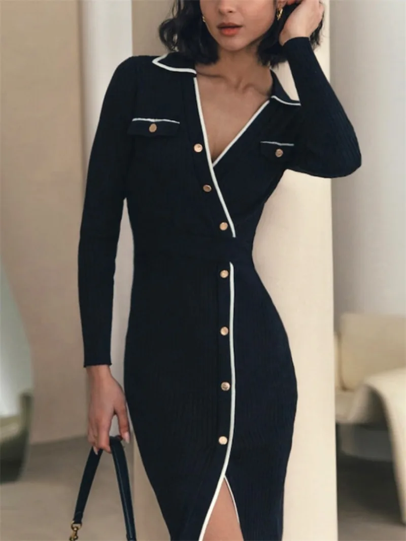 Ootddress Side Slit Maxi Dresses For Women Knitted Slim Bodycon Dress Women's Holiday Casual Party Temperament Evening Dress Woman