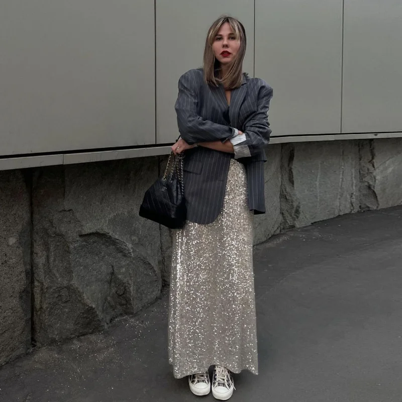 Ootddress Sequins Loose Dress Sets Women Long Sleeve Crop Tops High Waist Sexy Maxi Skirts Ladies Two Piece Suits Womens Outifits