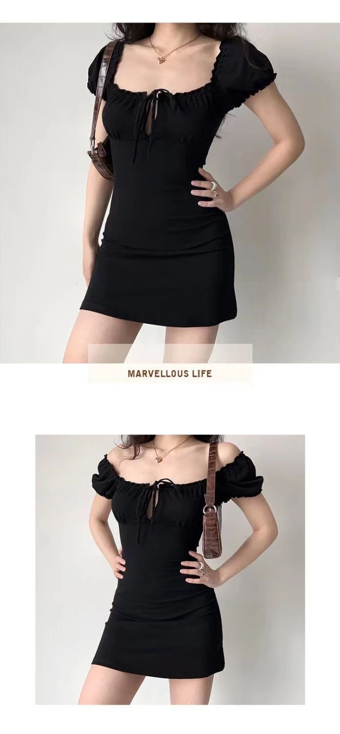 Summer Sexy Mini Dress Women Short Sleeved Lace up Hollow Casual Backless Folds Bodycon Black Dress Party Elegant A-LINE Dresses