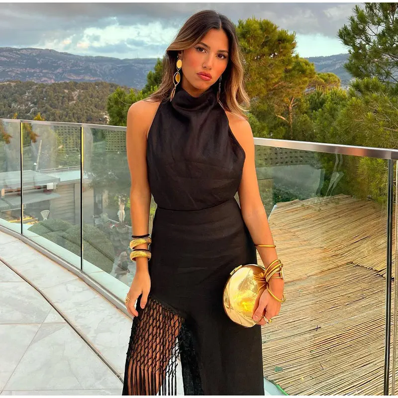 Ootddress Tassel Hollow Out Maxi Skirt Sets Female Black Summer Sexy 2 Piece-Set Backless Lace-Up Crop top And Long Skirt Outfits