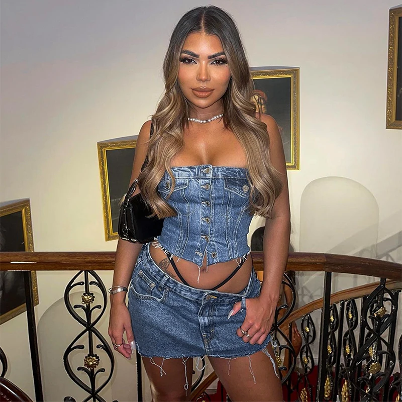 Solid Denim Pocket Design Button Vest Women Casual Bare Midriff Wrapped Chest Sleeveless Crop Tops Streetwear Tanks - Sleeveless Crop Tops Streetwear Tanks - Women Casual Bare Midriff Wrapped Chest - Solid Denim Pocket Design Button Vest