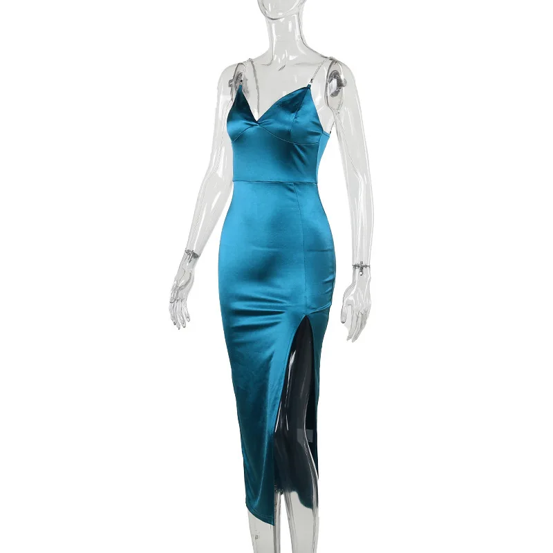 Ootddress Sexy Spaghetti Strap New Bag Buttocks Long Dress Sexy Suspender Slit Dress Diamond Shoulder Strap Party Nightclub Dress