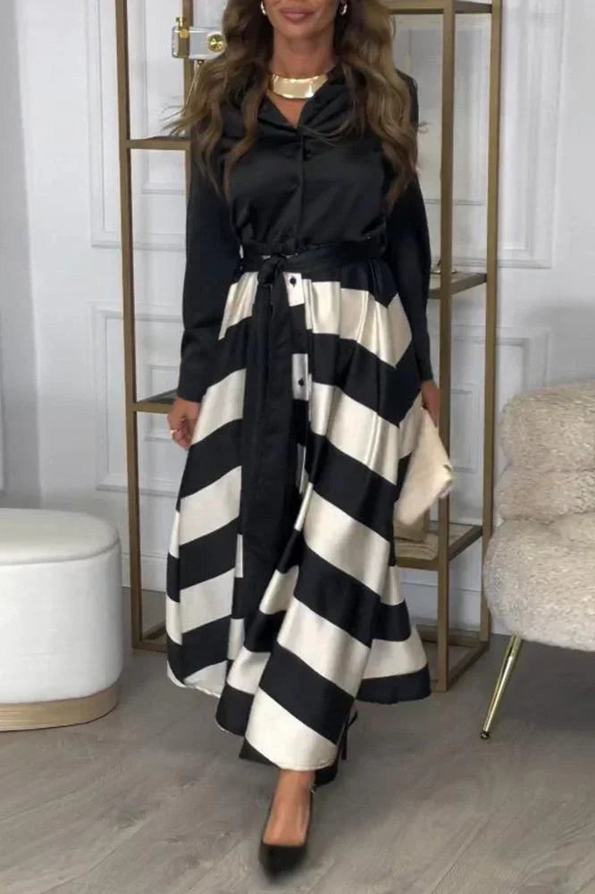 Collared Long Sleeve Button Down Tie Waist Striped Maxi Dress