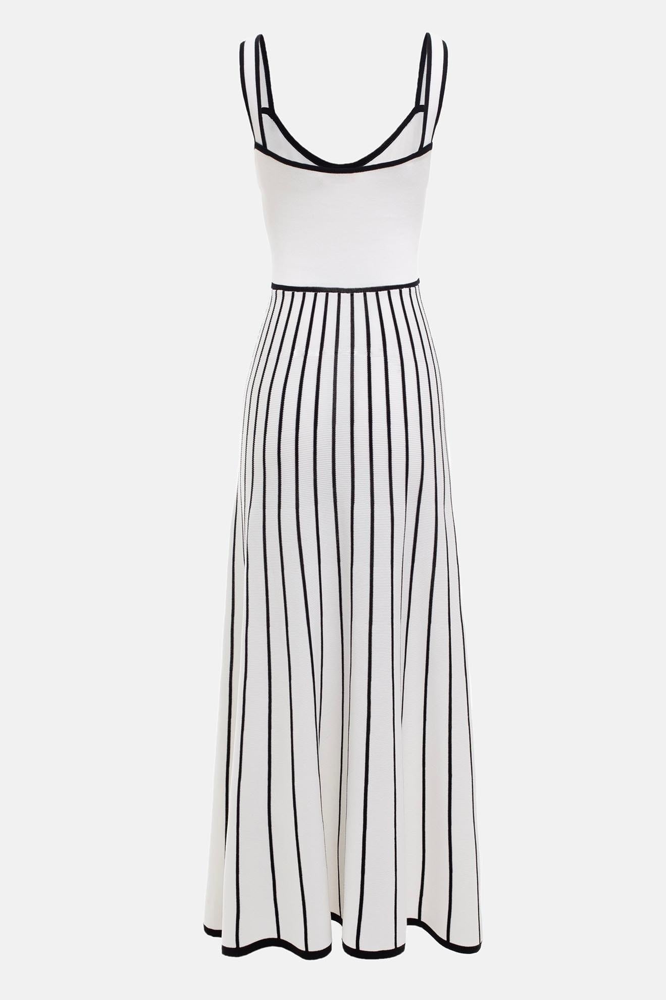 Contrast Trim Button-Front Vertical Stripe Fit-and-Flare Knit Midi Dress