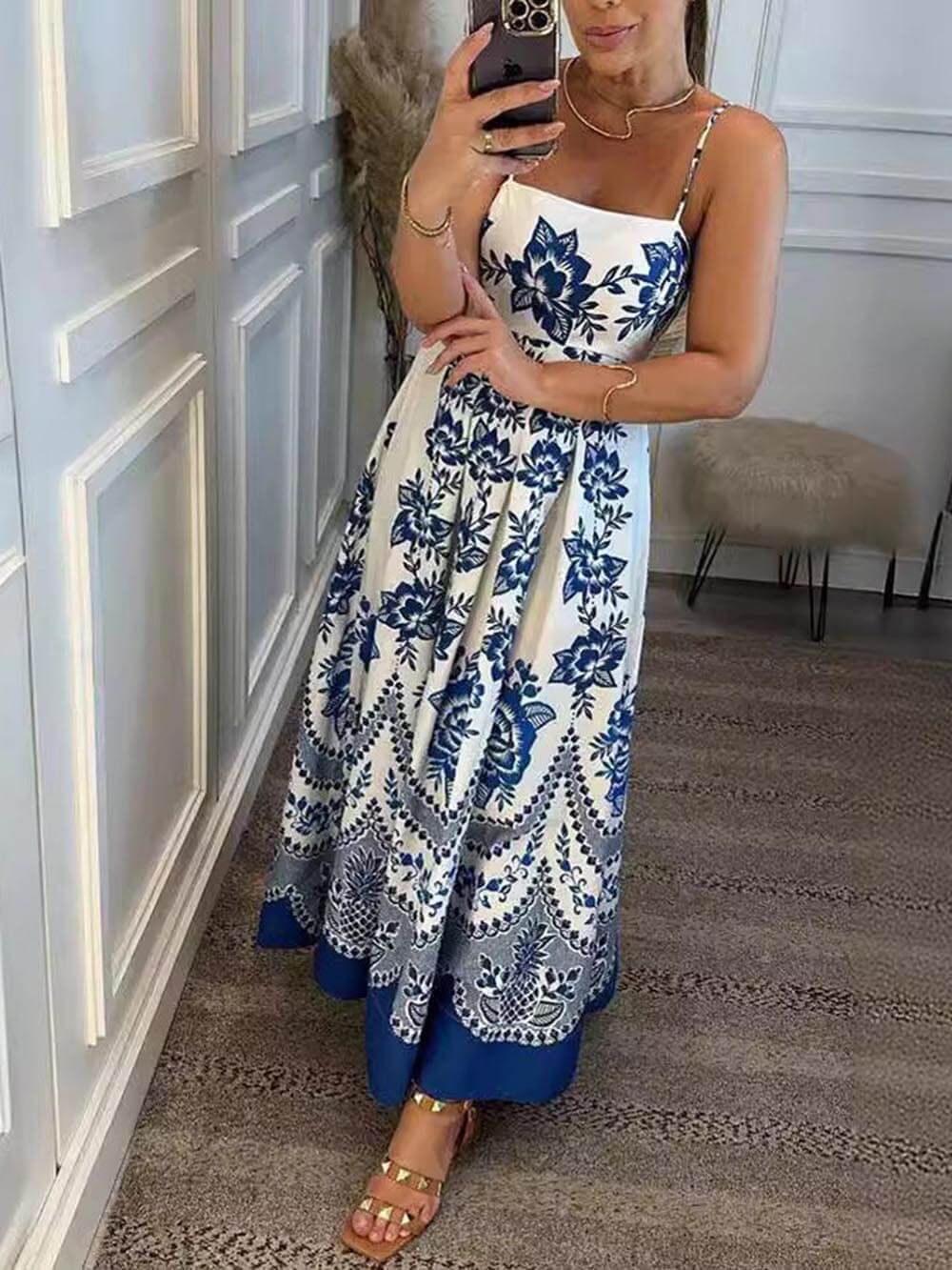 Mediterranean Floral Print Spaghetti Strap Square Neck Tiered Maxi Dress