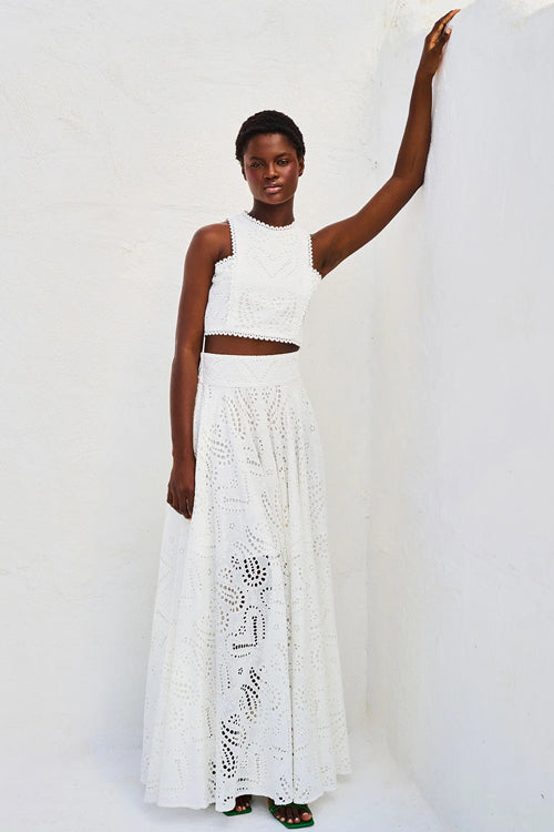 Eyelet Lace Heart Print Scalloped Trim Crop Top Wide Leg Pants Two Piece Set