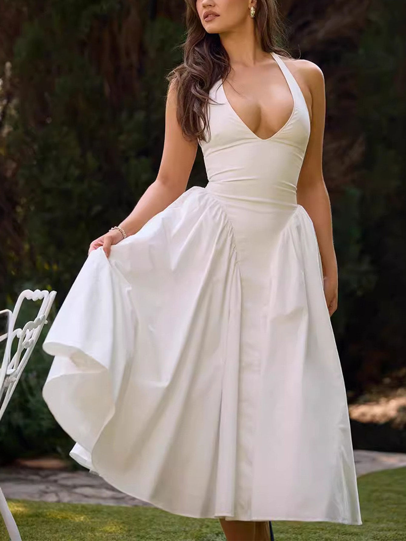 Gingham Plunge Halter Neck Fit and Flare Midi Dress