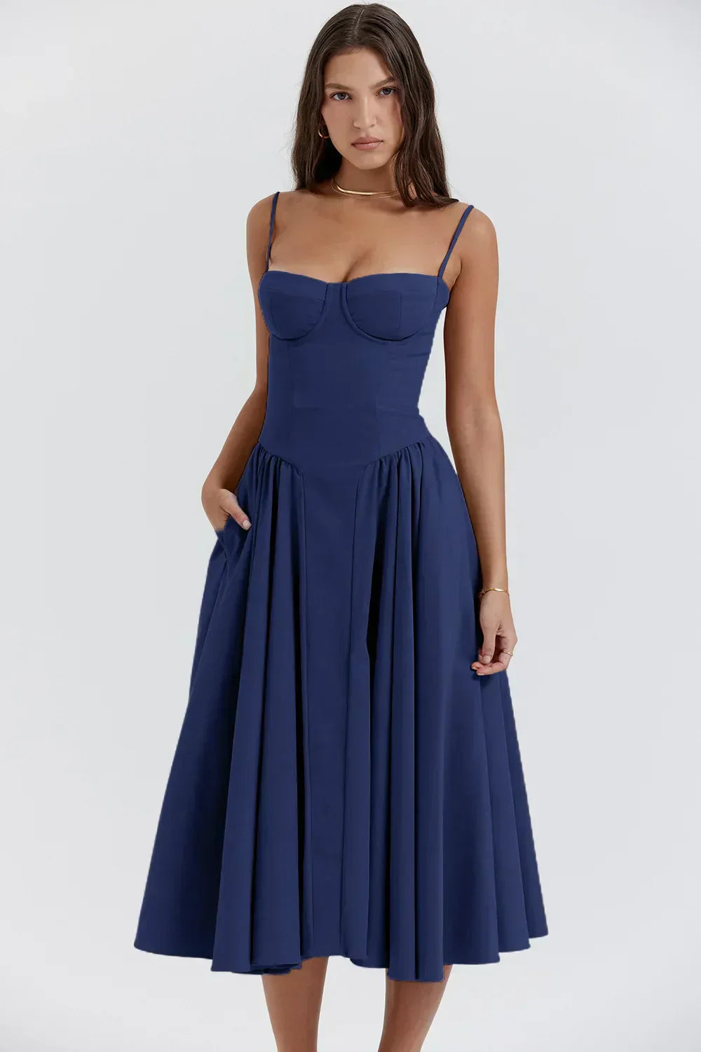 Bustier Sweetheart Spaghetti Strap Drop Waist Fit and Flare Midi Dress