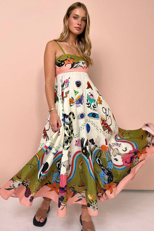 Spaghetti Strap Square Neck Botanical Fruit Print Scalloped Hem Midi Dress