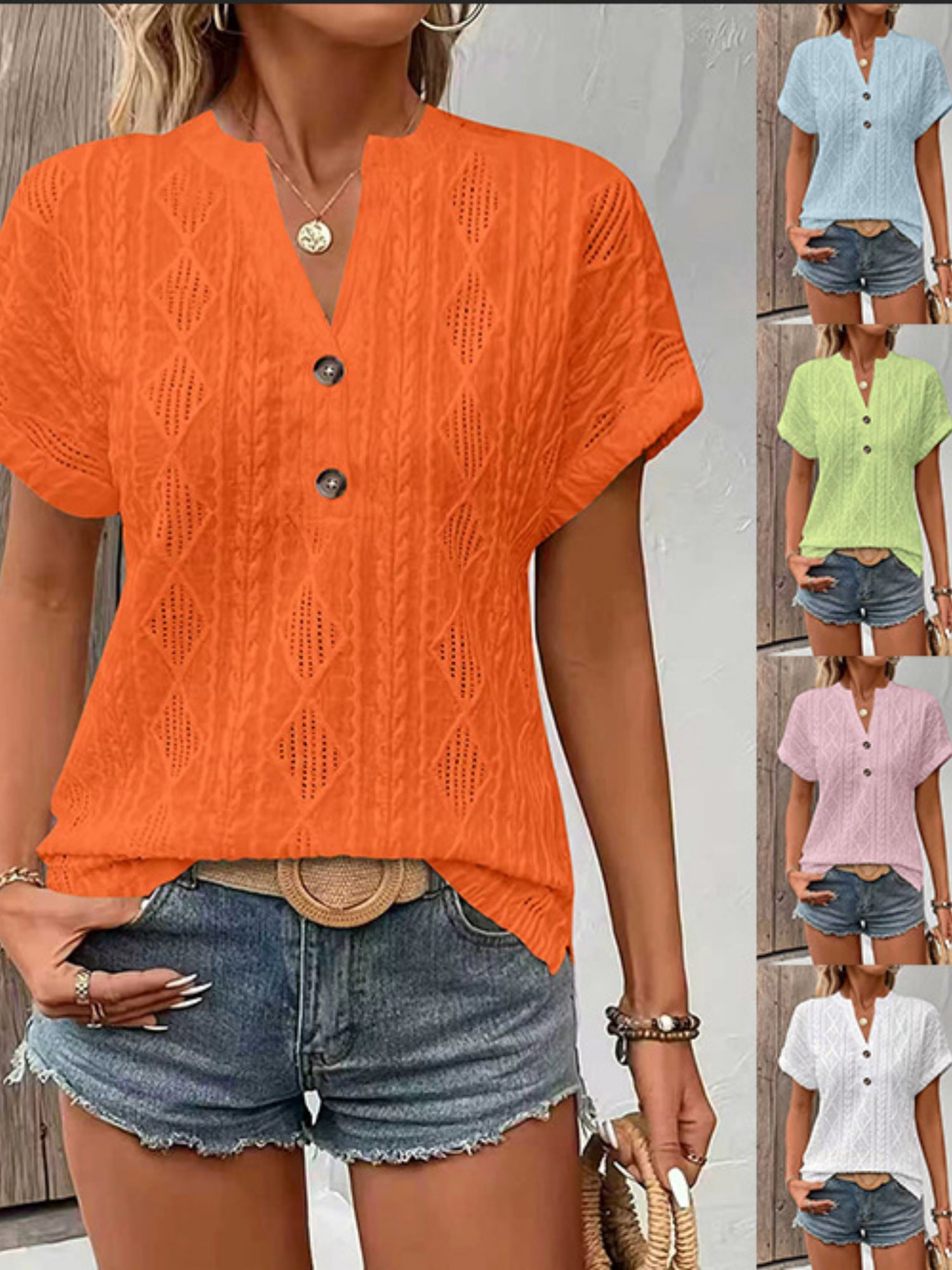 Knitting Buttons V-neck Short Sleeve T-shirts