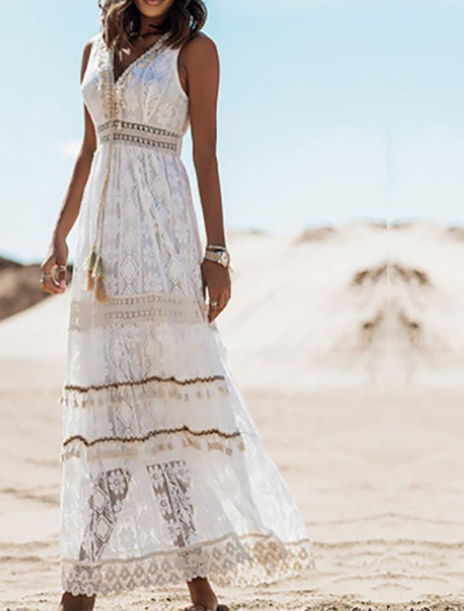 Crochet Lace Deep V-Neck Tassel Tie Tiered Maxi Dress