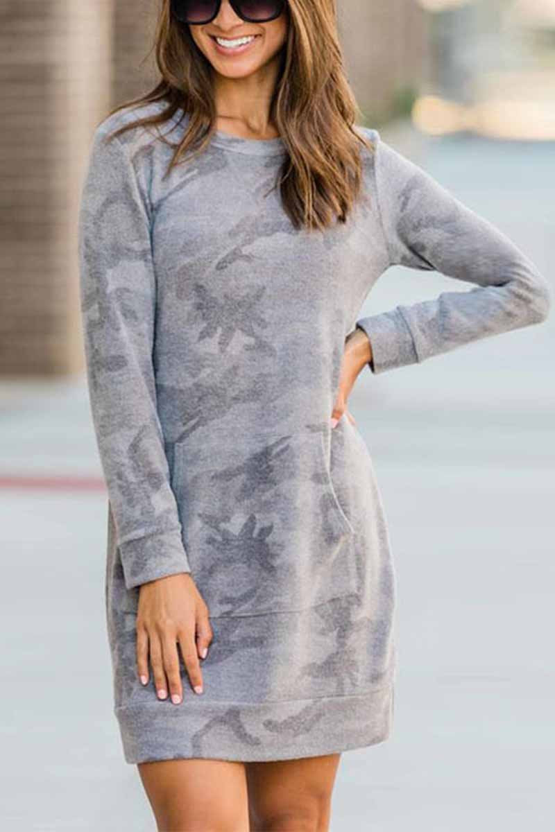 Camouflage Print Kangaroo Pocket Ribbed Cuff Sweatshirt Mini Dress