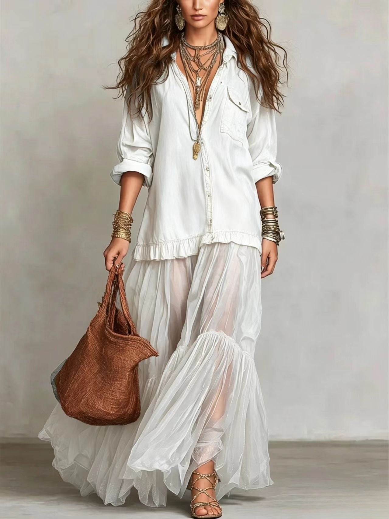 Retro-style Lapel Faux Denim Casual Long Dress With Pockets